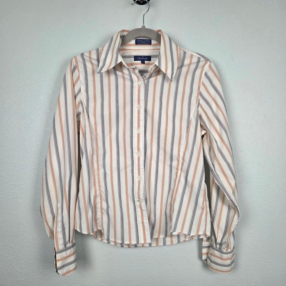 Shirt Faconnable Womens Small White Striped Button Front Long Sleeve Blouse